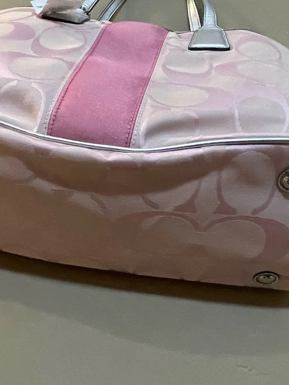 Pink Patterned Tote with Silver Trim and Top Frame Closure
